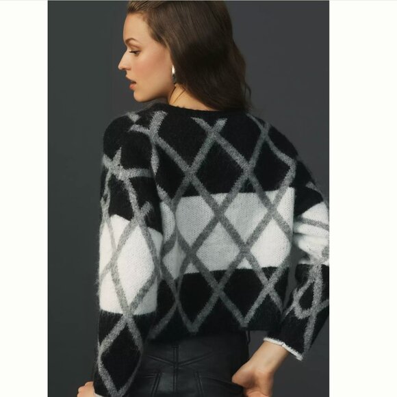 Lili Sidonio Anthropologie Plaid Fuzzy Sweater Grey Black White Boxy Cropped XS - Picture 2 of 8